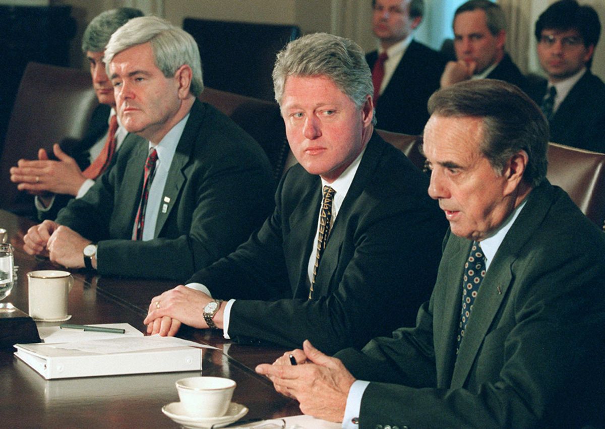 President Clinton meets with Republican congressional leaders at the White House Friday Dec. 29, 1995 to discuss the federal budget impasse. From left to right are Treasury Secreatry Robert Rubin, House Speaker Newt Gingrich, Clinton and Senate Majority Leader Bob Dole of Kansas.  