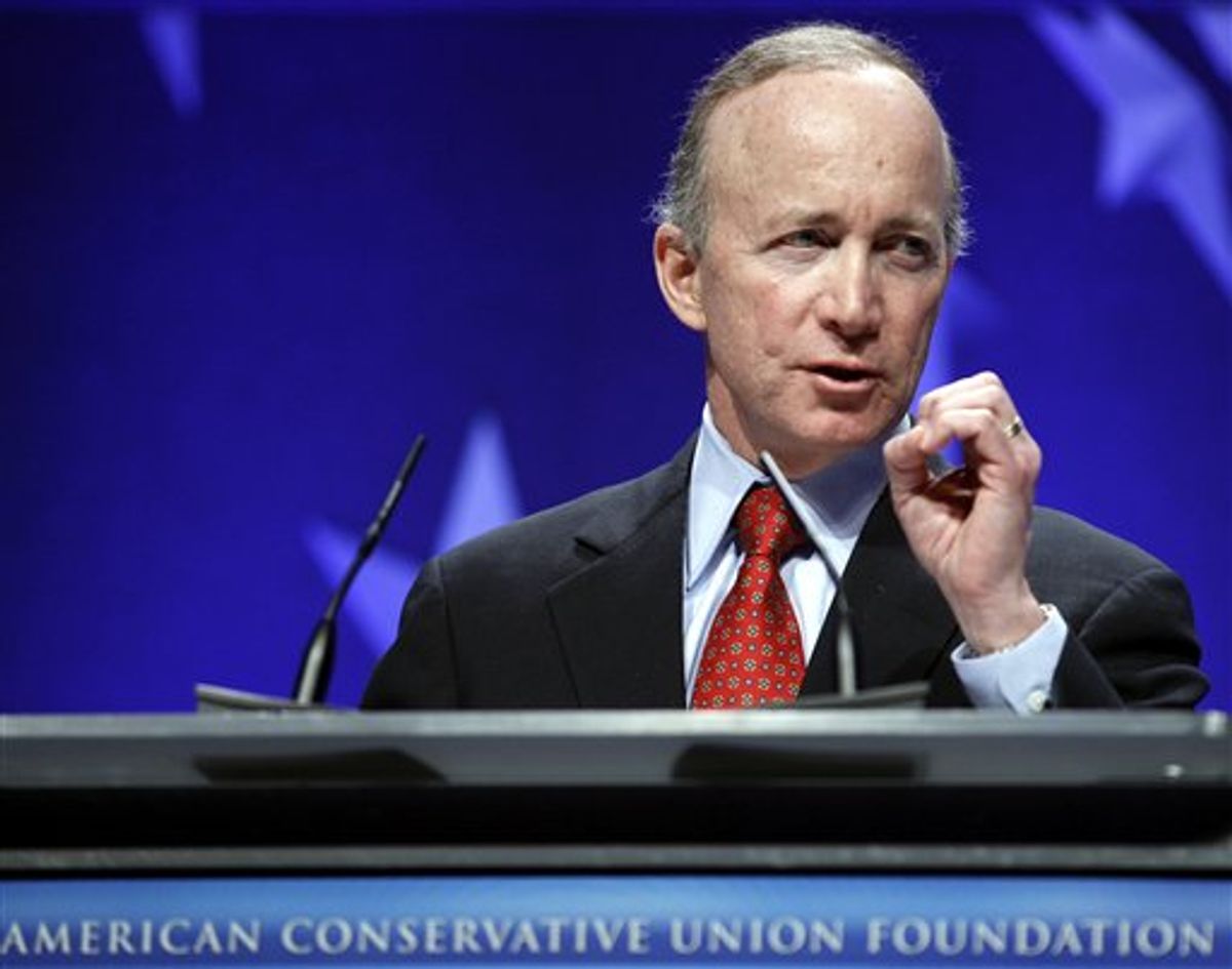 FILE - In this Feb. 11, 2011, file photo, Gov Mitch Daniels, R-Ind. speaks during the Ronald Reagan Banquet at the Conservative Political Action Conference in Washington. Daniels has spent years talking about issues that typically make voters eyes glaze over: Cutting spending. Balancing budgets. Shrinking government.  The priorities havent changed much in Daniels six years as governor. But suddenly voters are paying attention. Budget showdowns in Wisconsin, Ohio and New Jersey are drawing fresh, national attention to issues Daniels has long promoted. (AP Photo/Jose Luis Magana, File)   (AP)