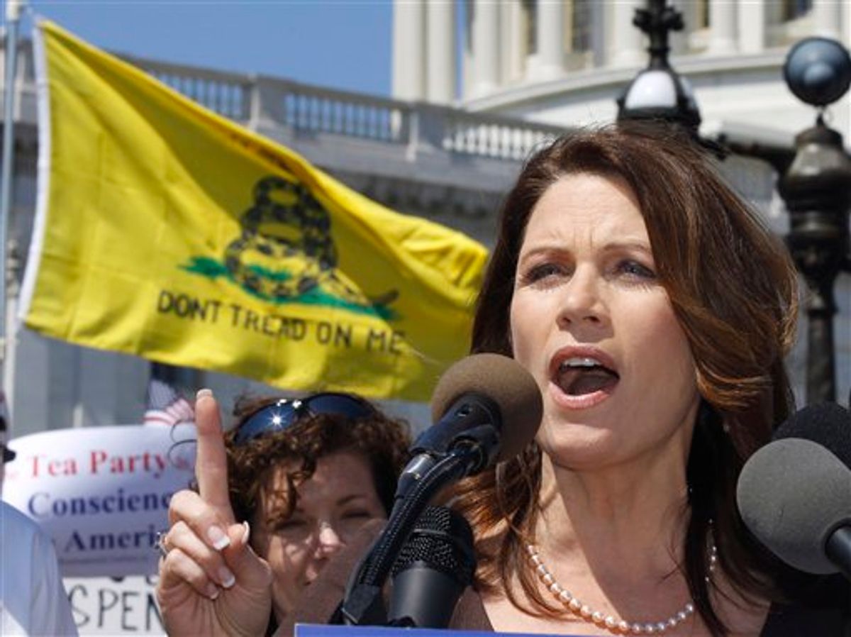 FILE - On this April 6, 2011, file photo, Rep. Michele Bachmann, R-Minn., speaks at an Americans for Prosperity "Cut Spending Now," rally on Capitol Hill in Washington. President Barack Obama has launched his re-election bid in a low-key manner, but the Republican Partys search for a challenger seems stranger by the day. In Iowa at least, theres also widespread talk about Bachmann, who would be the first president elected directly from the House since James Garfield. (AP Photo/Alex Brandon, File) (AP)