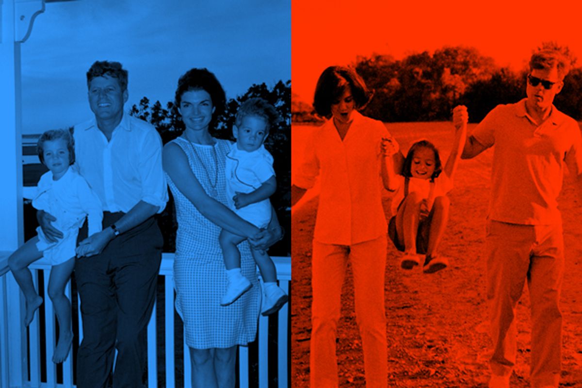 President Kennedy with wife Jackie, daughter Caroline and son John Jr. in 1962 (left); Greg Kinnear and Katie Holmes in "The Kennedys"