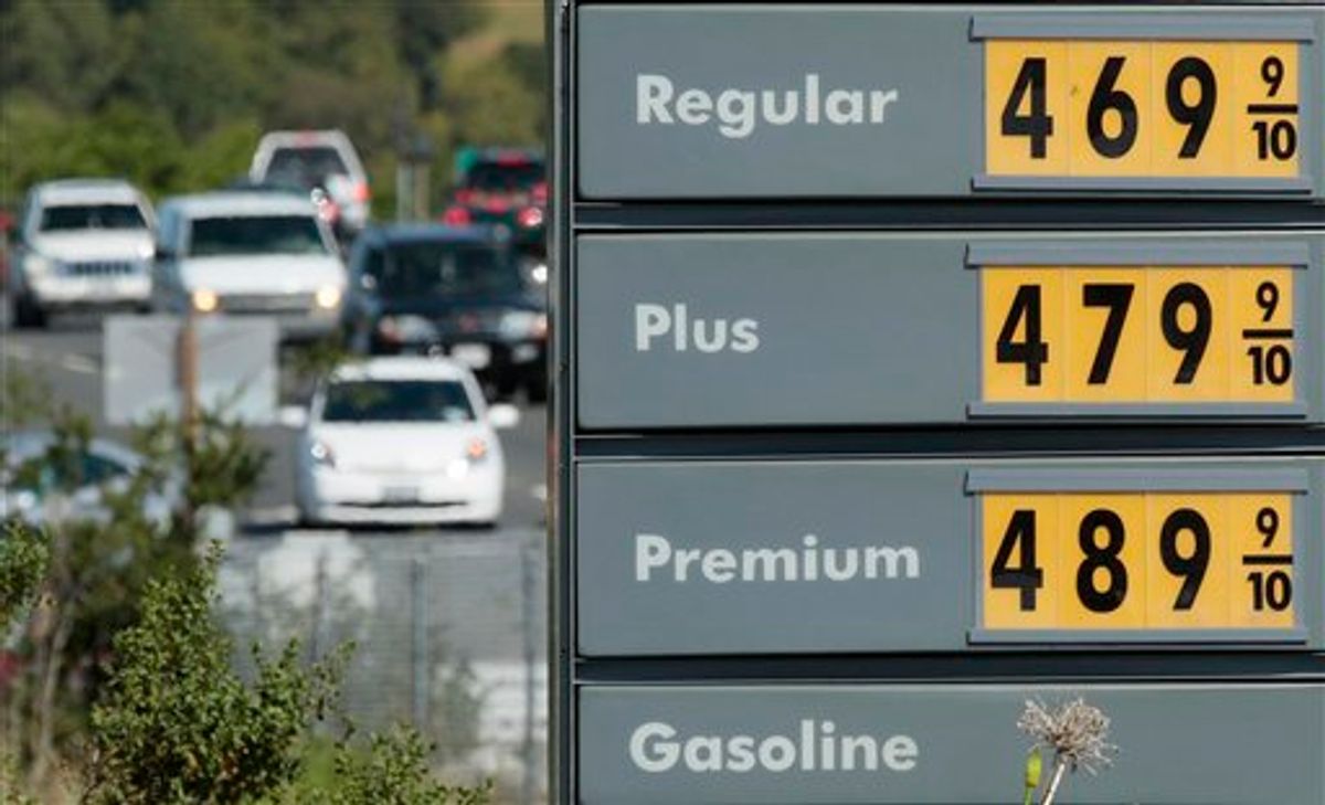 A price board is shown at a Shell gas station in Novato, Calif., Thursday, May 5, 2011. Oil tumbled nearly 7 percent Thursday amid new signs that demand for fuel in the U.S. is weakening. (AP Photo/Jeff Chiu)  (AP)