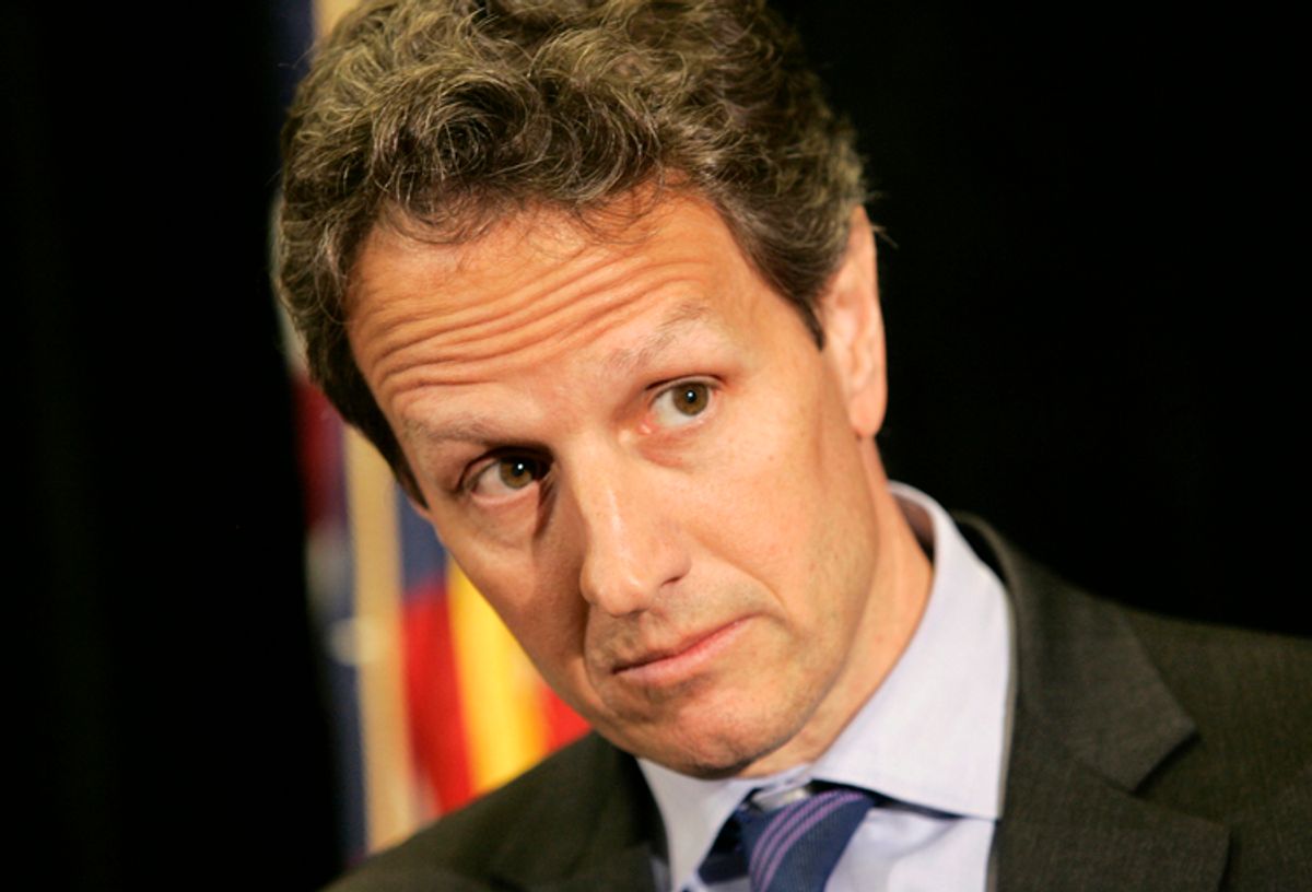 U.S. Treasury Secretary Tim Geithner listens to a reporter's question during a news conference at the United Steelworkers headquarters in Pittsburgh, Pennsylvania, March 31, 2010. REUTERS/Jason Cohn (UNITED STATES - Tags: POLITICS) (Â© Jason Cohn / Reuters)