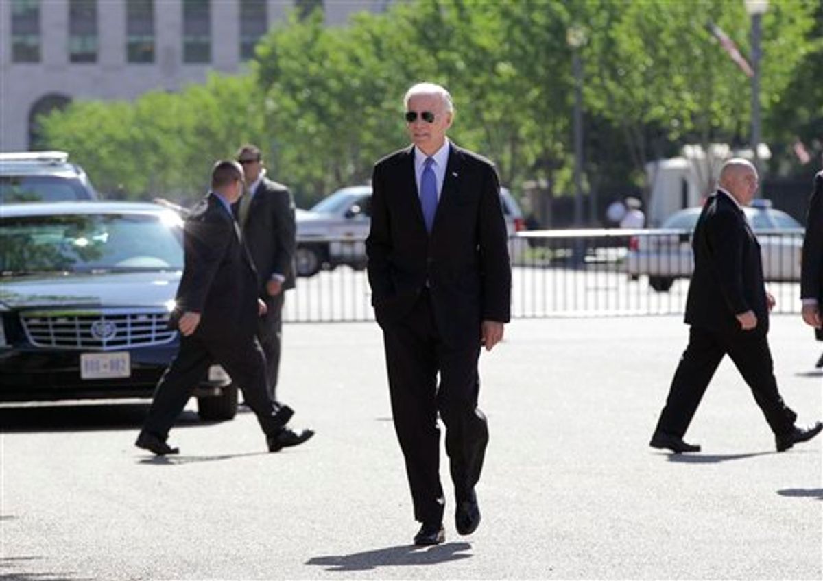 Vice President Joe Biden walks from the White House to the Blair House in Washington, Thursday, May 5, 2011, for a meeting with congressional Republicans and Democrats in hopes of striking a deal on deficit reduction.  (AP Photo/J. Scott Applewhite)  (AP)