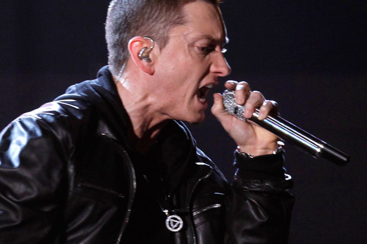 Eminem wears an Alcoholics Anonymous pendant at the Grammy Awards in February.