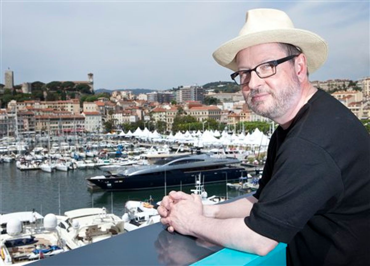 Director Lars Von Trier poses for portraits after an interview with the Associated Press promoting the film Melancholia at the 64th international film festival, in Cannes, southern France, Wednesday, May 18, 2011. (AP Photo/Joel Ryan) (AP)