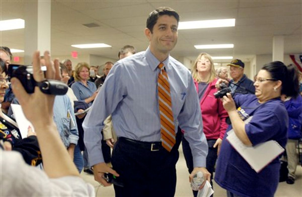 Cong. Paul Ryan (R-Janesville) arrives for his town hall meeting about his Federal budget plan,Thursday April 28, 2011 at the Waterford Village Hall. in "Waterford, Wis. (AP Photo/The Journal Times, Mark Hertzberg) (AP)