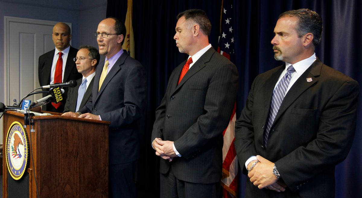 Thomas Perez, Assistant Attorney General for the Civil Rights Division, center, talks about a federal investigation of the Newark Police Department during a news conference, Monday, May 9, 2011 in Newark, N.J. Standing with him are, from left, Newark Mayor Cory Booker, U.S. Attorney for the District of New Jersey Paul J. Fishman, Newark Police Director Garry McCarthy and Acting Newark Police Director Sam DeMaio. The Department of Justice on Monday announced an investigation into the policies and practices of the police department of New Jersey's largest city. The move comes months after the state American Civil Liberties Union complained of rampant misconduct and lax internal oversight at the Newark Police Department, although federal and city officials insisted that the ACLU's petition wasn't the main reason for the probe. (AP Photo/Julio Cortez)    (Julio Cortez)