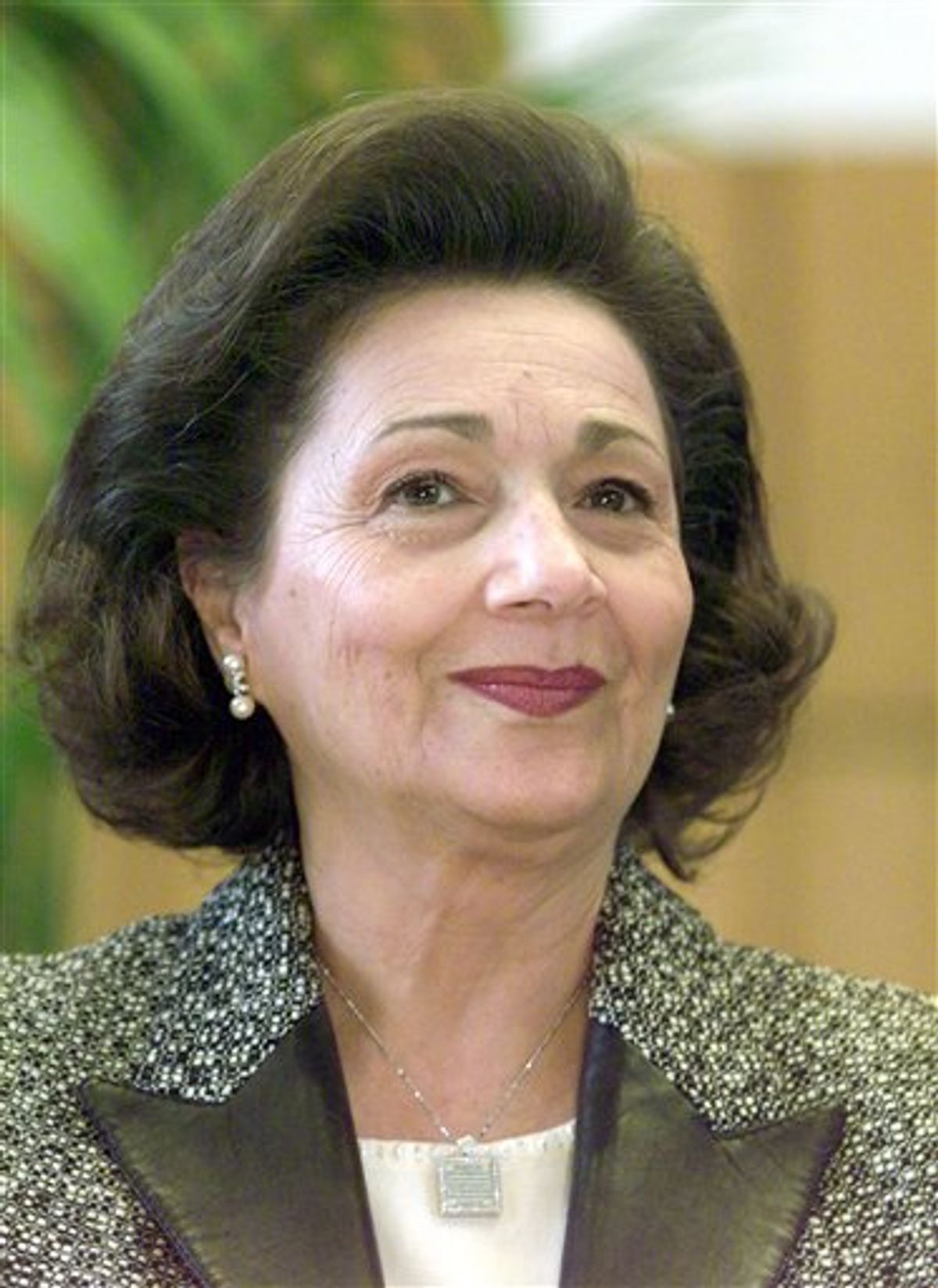 FILE - In this Feb. 19, 2003 file photo, Suzanne Mubarak, wife of Egypt's President Hosni Mubarak, smiles at the Free University Berlin. Egyptian authorities have ordered the detention of Suzanne Mubarak, wife of deposed President Hosni Mubarak, the government-run MENA news service says. The move on Friday May 13, 2011 comes a day after the government reported that Mubarak and his wife were questioned over suspicions they illegally amassed vast wealth. (AP Photo/Franka Bruns, File)   (Associated Press)