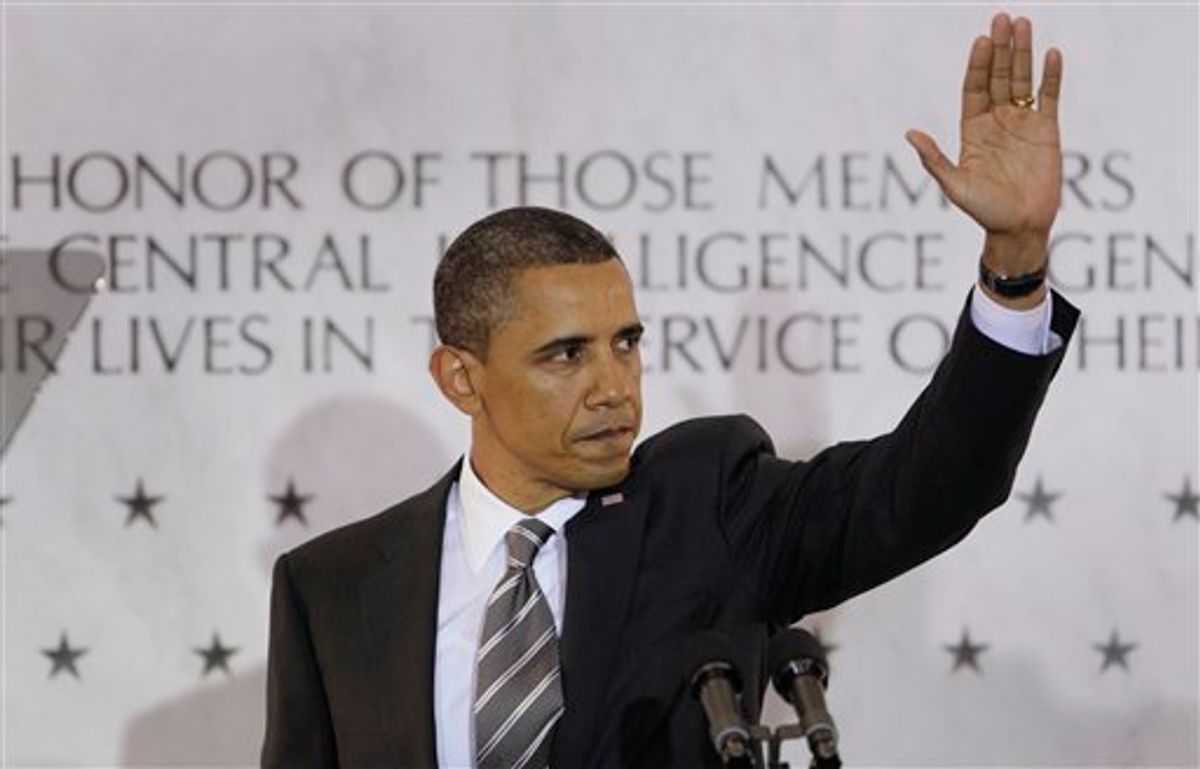President Barack Obama waves to CIA employees after speaking at CIA headquarters in Langley, Va., Friday, May 20, 2011. Obama congratulated the country's intelligence workers for the years of effort that led to the discovery and killing of terrorist Osama bin Laden.  (AP Photo/Carolyn Kaster) (AP)