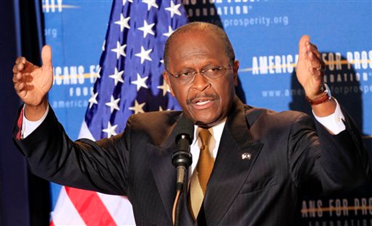 Possible 2012 presidential hopeful Republican businessman Herman Cain speaks during a dinner sponsored by Americans for Prosperity, Friday, April 29, 2011 in Manchester , N.H. (AP Photo/Jim Cole) (AP)