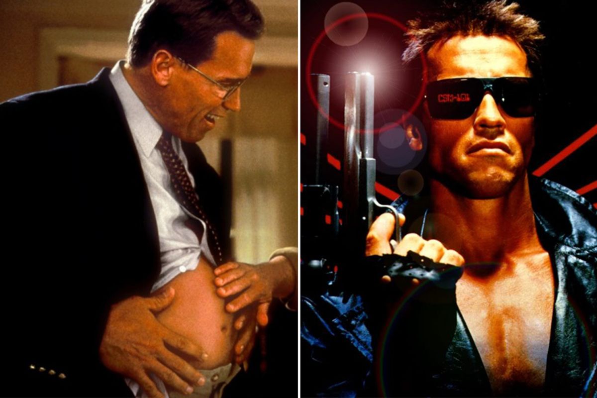 Arnold Schwarzenegger in "Junior," left, and "The Terminator"