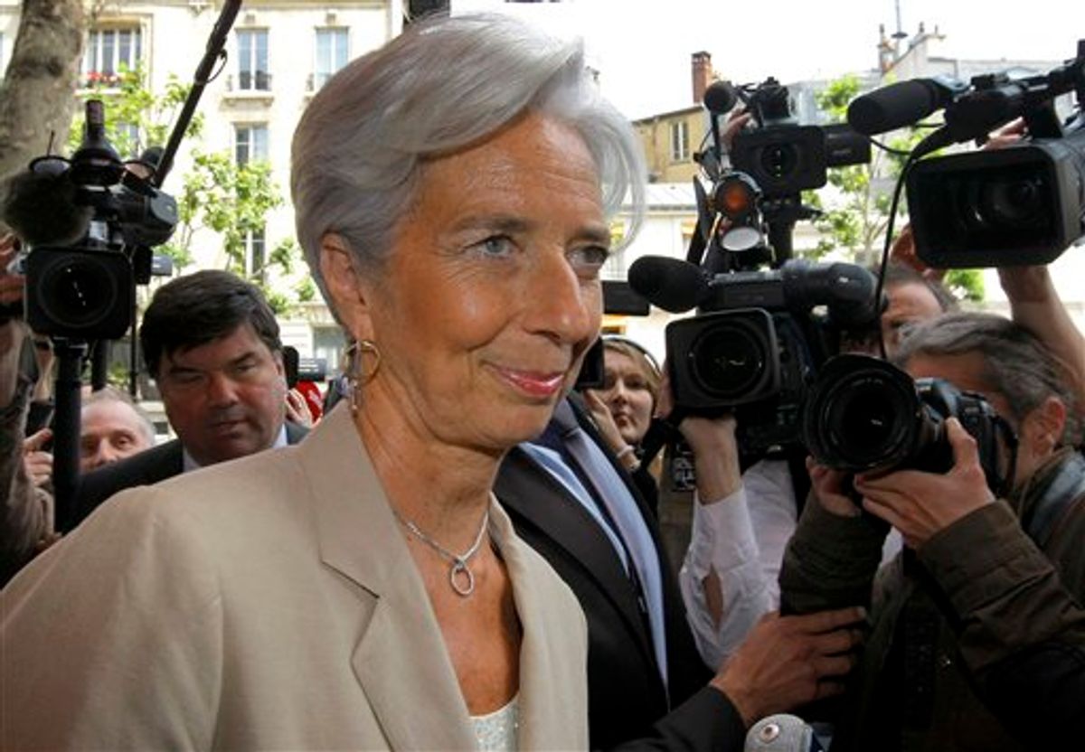 France's Finance and Economy Minister Christine Lagarde visits a Parisian supermarket and goods retailer in Paris Thursday  May 19, 2011.  Lagarde has emerged as a potential candidate to replace IMF chief, Frenchman Dominique Strauss-Kahn who resigned Wednesday, saying he wants to devote "all his energy" to fighting sexual assault charges in New York.  (AP Photo/Jacques Brinon) (AP)