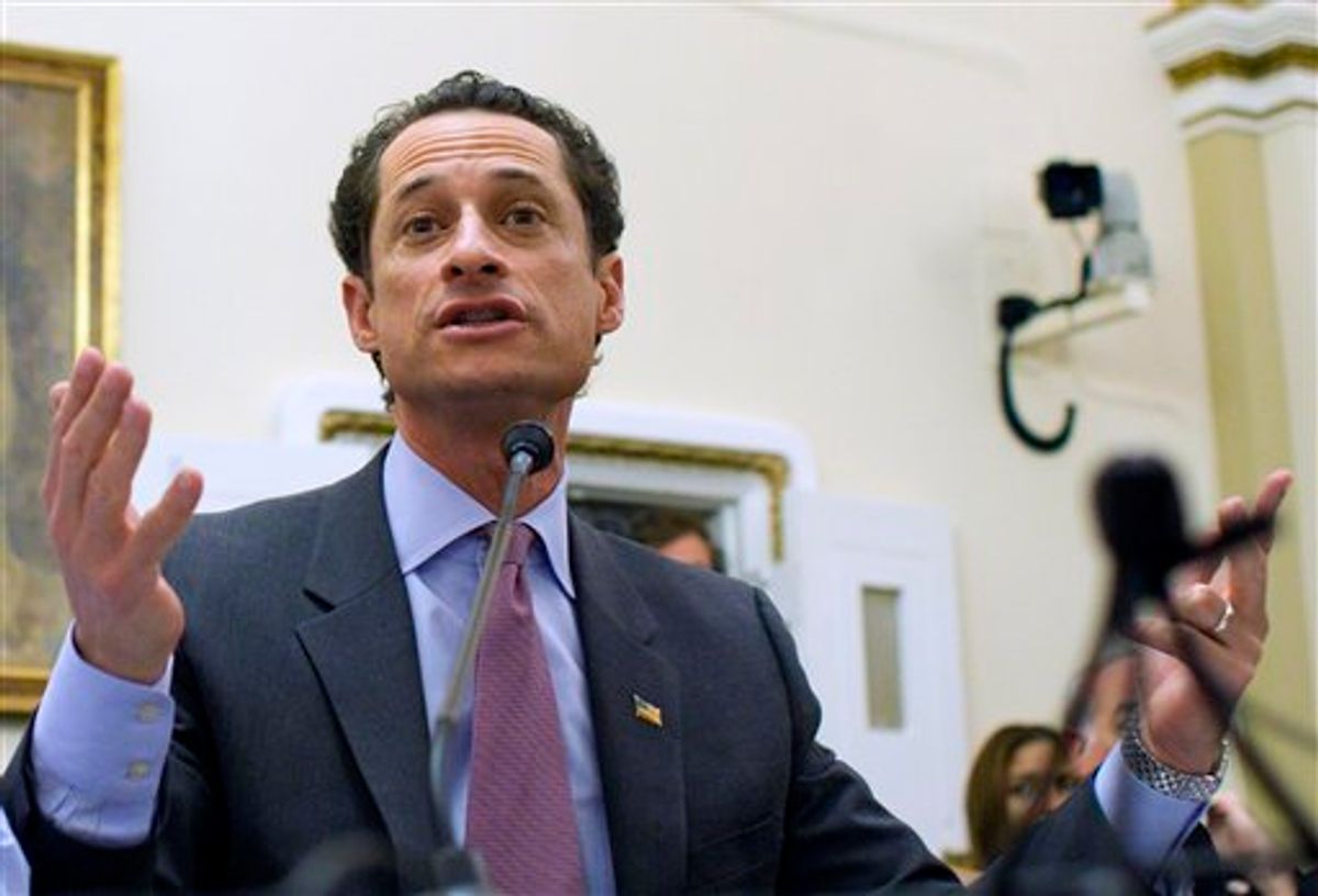 FILE - In this Jan. 6, 2011 file photo, Rep. Anthony Weiner, D-N.Y., testifies before the House Rules Committee on Capitol Hill in Washington. A spokesman for Weiner on Sunday, May 29, 2011 said that a lewd photograph sent from the Democrat's Twitter account is just "a distraction" perpetrated by a hacker.(AP Photo/Harry Hamburg, File) (AP)