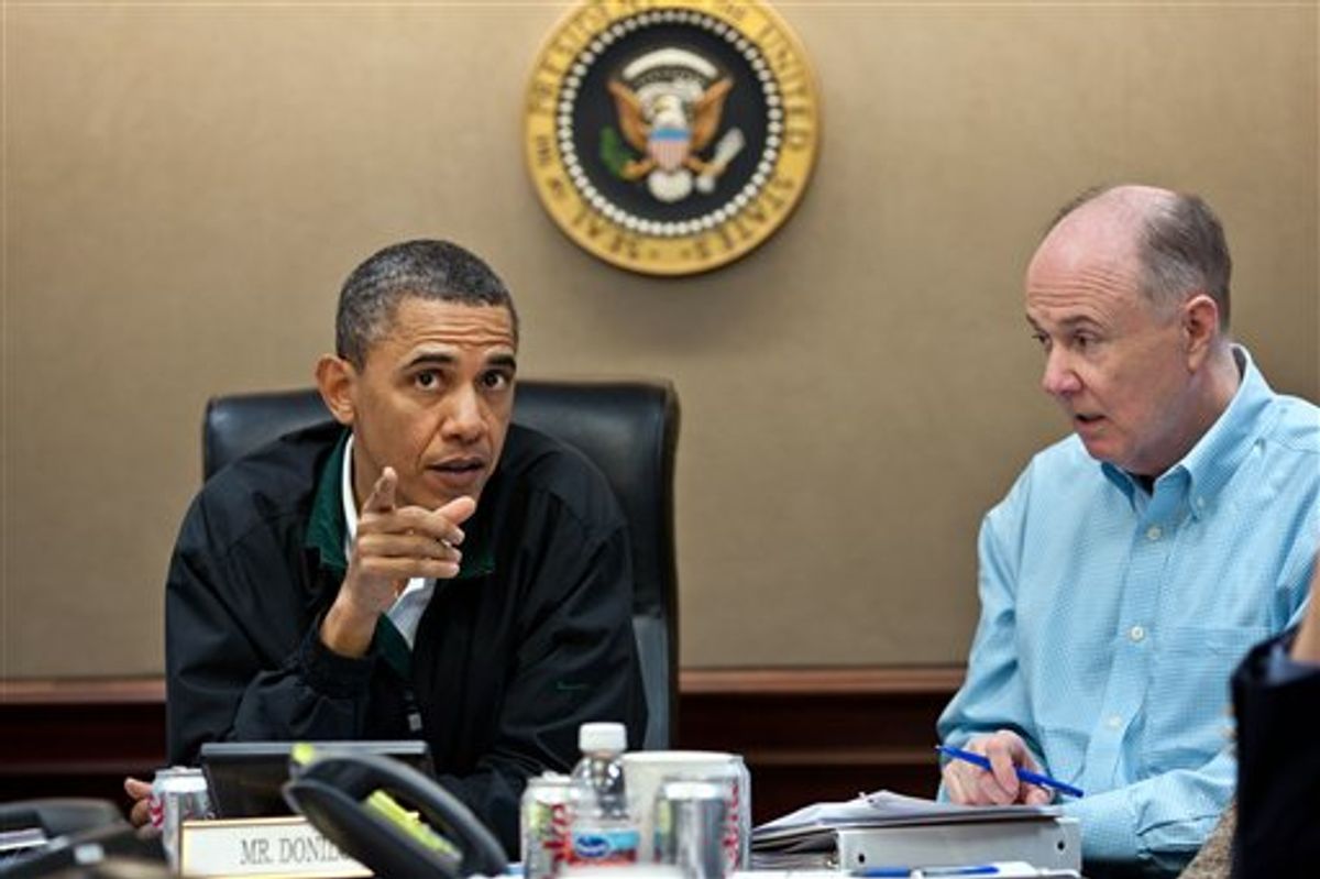 In this image released by the White House, President Barack Obama makes a point during one in a series of meetings in the Situation Room of the White House discussing the mission against Osama bin Laden, Sunday, May 1, 2011. National Security Adviser Tom Donilon is pictured at right. (AP Photo/The White House, Pete Souza) (AP)