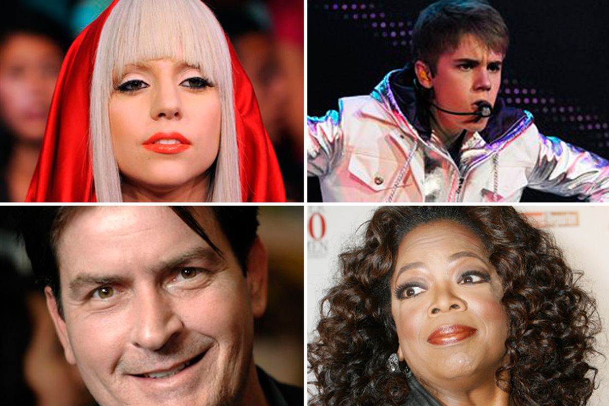 Lady Gaga, Justin Bieber, Oprah, and Charlie Sheen are four of the most powerful celebrities in the world. 