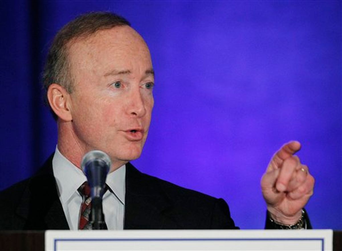 Gov. Mitch Daniels speaks at the state Republican Party fundraiser in Indianapolis, Thursday, May 12, 2011. (AP Photo/Darron Cummings)  (AP)