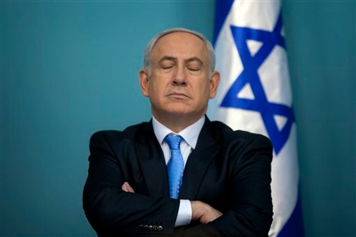Israeli Prime Minister Benjamin Netanyahu pauses during a press conference in his office in Jerusalem, Wednesday, May 18, 2011. When U.S President Barack Obama and Netanyahu meet this week to try to revive deadlocked Israeli-Palestinian peace talks, they will do so against a vastly changed Middle East landscape. (AP Photo/Sebastian Scheiner)  (AP)