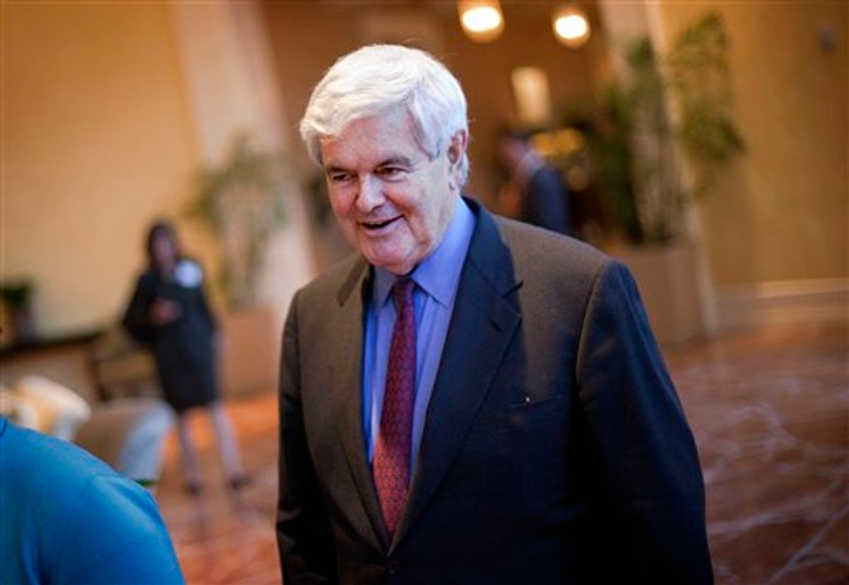 Former House Speaker Newt Gingrich arrives for a 2012 presidential exploratory committee fundraising event Wednesday, April 13, 2011 in Atlanta. (AP Photo/David Goldman) (AP)