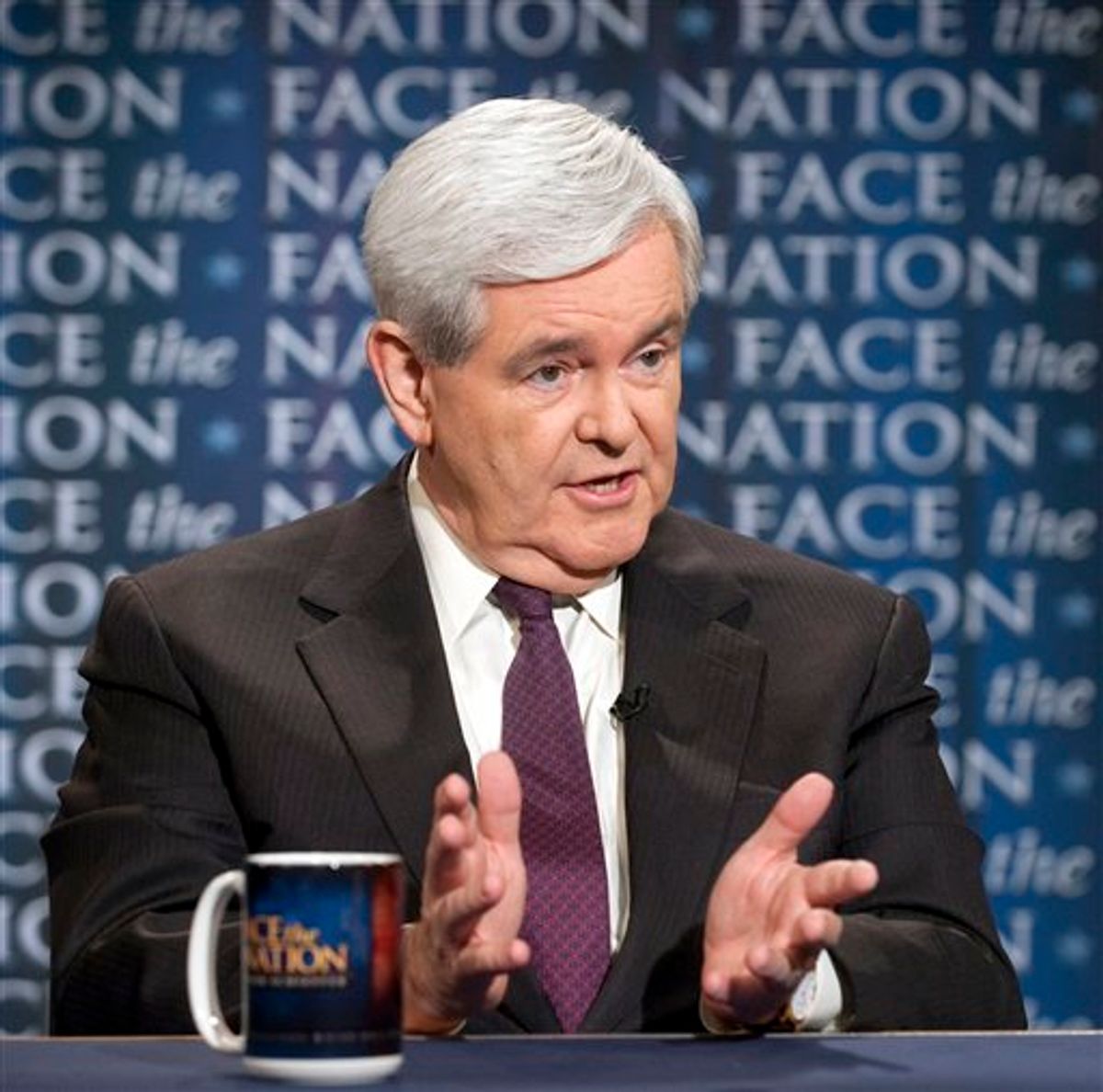 In this photo provided by CBS News, former House Speaker and Republican  presidential candidate Newt Gingrich gestures as he speaks with host Bob Schieffer, not shown, on CBS-TV's "Face the Nation," Sunday, May 22, 2011, in Washington D.C. (AP Photo/CBS News, Chris Usher) (AP)
