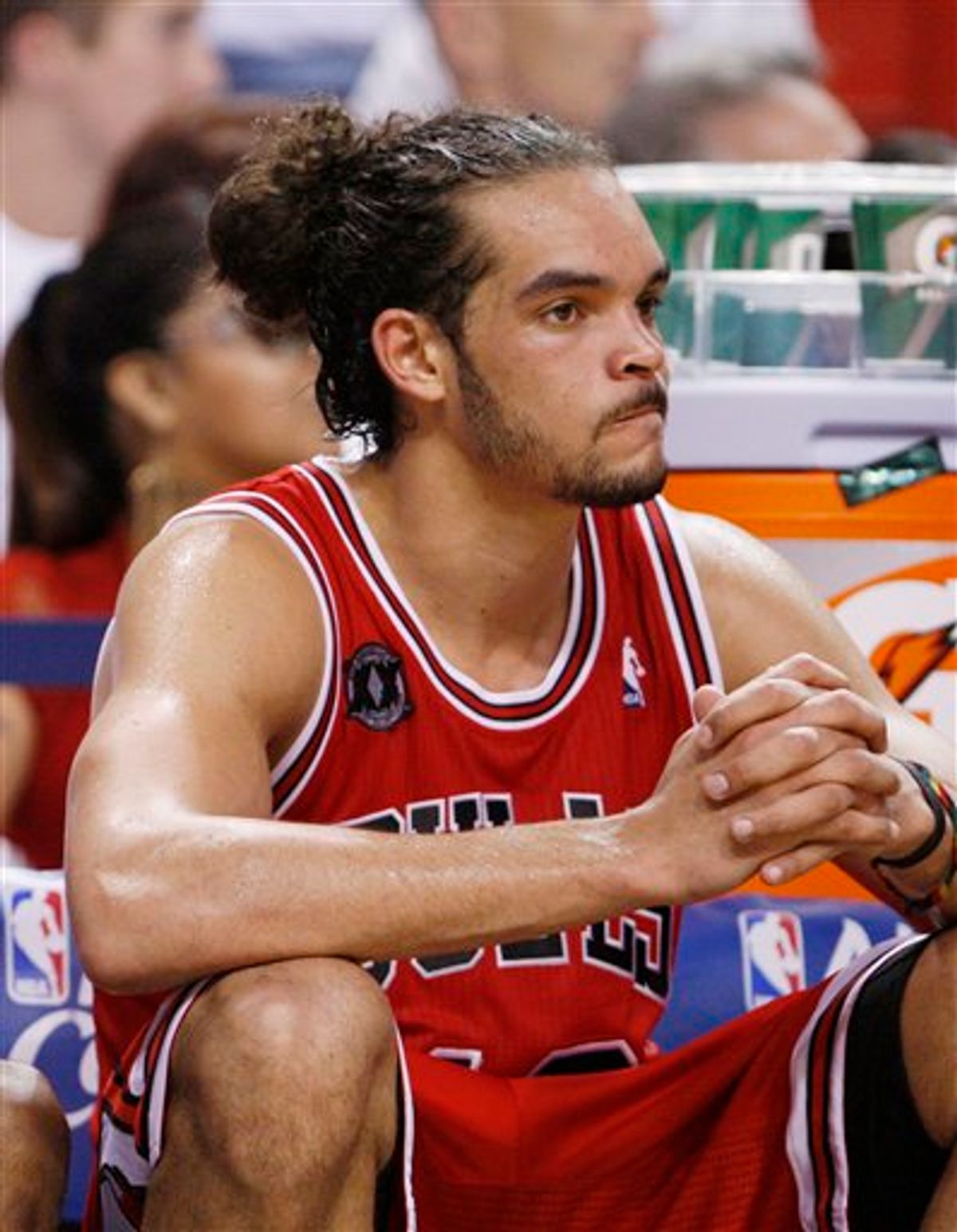This photo take May 22, 2011 shows Chicago Bulls' Joakim Noah during Game 3 of the NBA Eastern Conference finals basketball series against the Miami Heat in Miami, Sunday, May 22, 2011. Noah apologized again Monday May 23, 2011,  for directing an anti-gay slur at a fan during Game 3 of the Eastern Conference finals, and was bracing for punishment  likely a large fine  from the NBA. (AP Photo/Wilfredo Lee)    (AP)