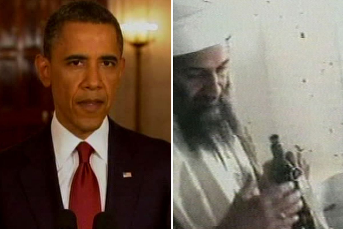 President Barack Obama. Right: A television image released by Qatar's Al-Jazeera television broadcast on Friday Oct. 5, 2001, said to show the most recent image of Osama bin Laden, left, handling a Kalshnikov rifle at an undisclosed location.