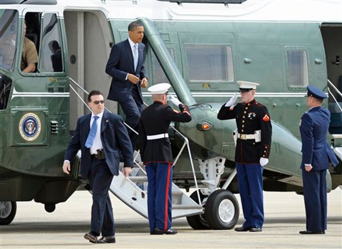 President Barack Obama exits Marine One at Andrews Air Force Base, Md., Tuesday, May 10, 2011, before boarding Air Force One to travel to Texas. (AP Photo/Cliff Owen) (AP)