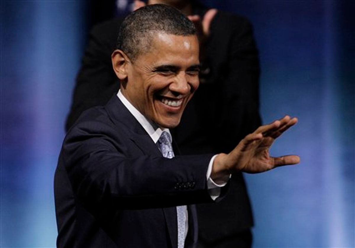 President Barack Obama waves as he prepares to speak at the Austin City Limits Live at the Moody Theater, Tuesday, May 10, 2011, in Austin, Texas.  (AP Photo/Eric Gay) (AP)