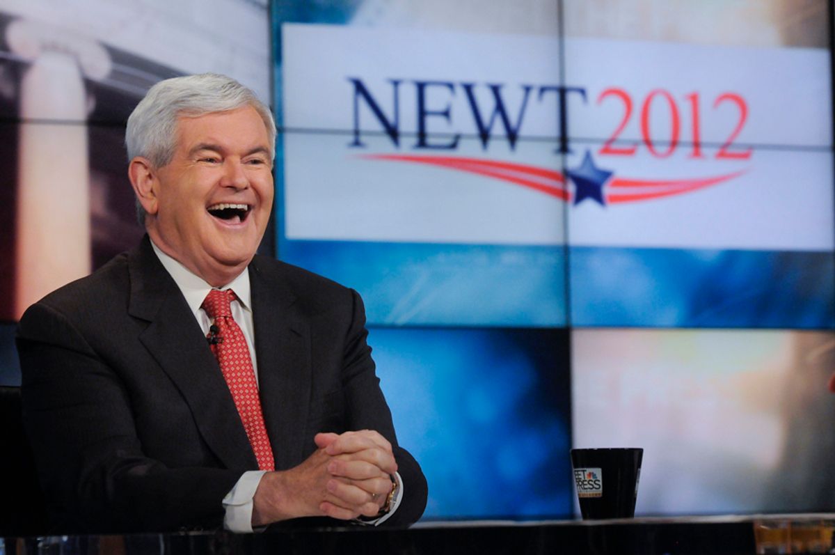 In this image released Sunday, May 15, 2011, by NBC News former House Speaker Newt Gingrich is interviewed on NBC's "Meet the Press" in Washington Sunday. Gingrich said he is very serious about seeking the U.S. presidency, but laughed off any suggestion that he could end up with the Republican Party's vice presidential nomination next year.  (AP Photo/NBC News, William B. Plowman) (William B. Plowman)