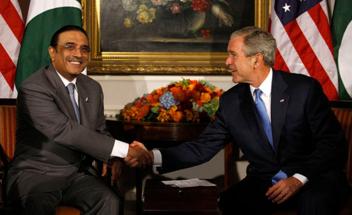 Asif Ali Zardari and George W. Bush shake hands in New York City in 2008       