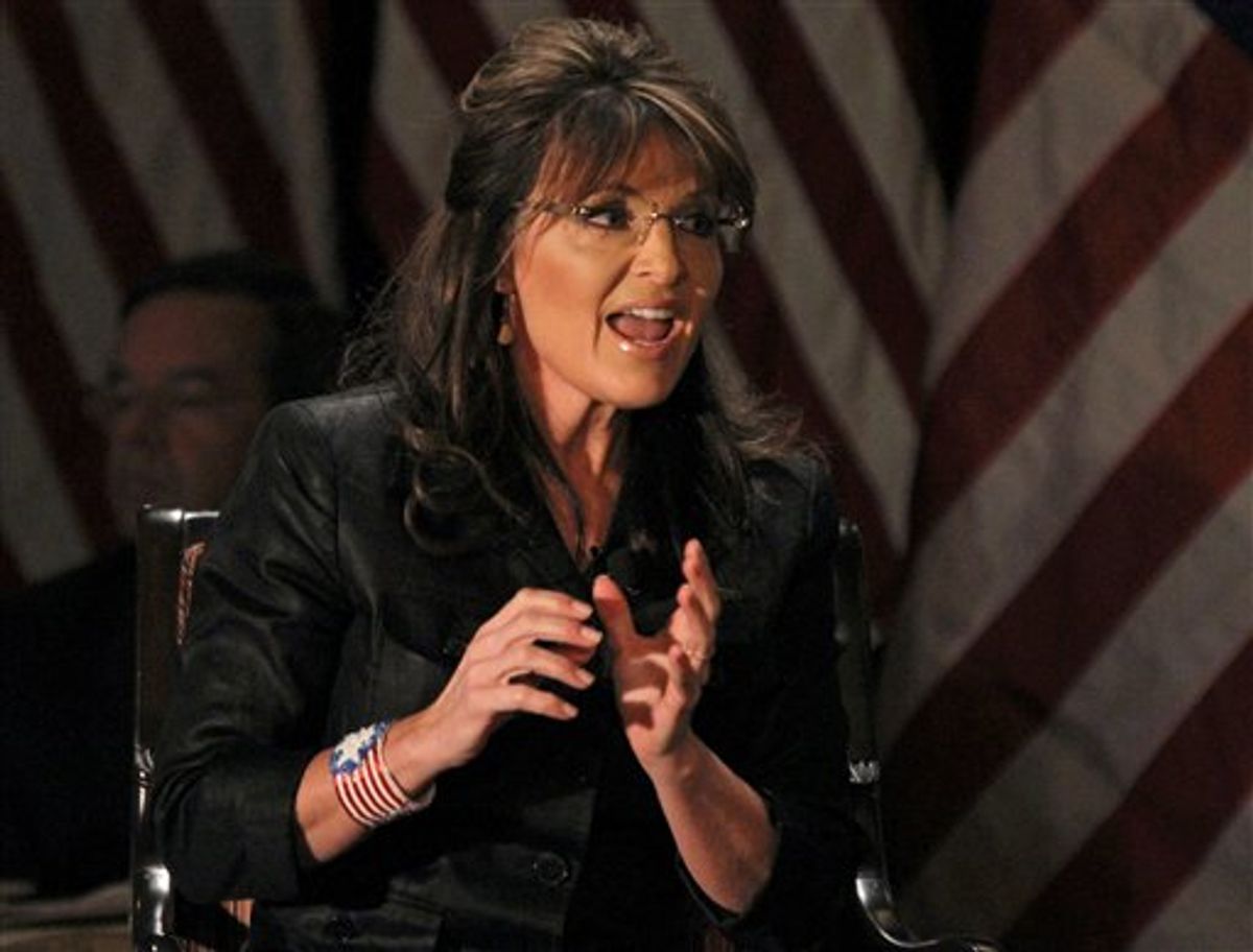 FILE - In a Feb. 17, 2011 file photo, former Alaska Governor Sarah Palin answers questions at the public appearance at Long Island (LIA) Association Meeting and Luncheon in Woodbury, N.Y. Palin will share the stage in Colorado Monday, May 2, 2011 at a fundraiser at Colorado Christian University with Retired Lt. Gen. William Boykin, a former senior military intelligence official who disparaged Islam while helping to lead the war on terror after Sept. 11. Monday evening's speech was already scheduled before Sunday's killing of Osama bin Laden.  (AP Photo/Craig Ruttle, File) (AP)