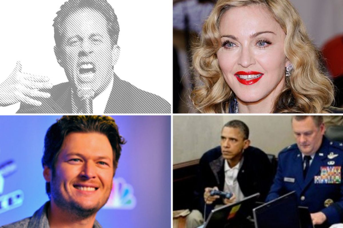 Clockwise from top left: Jerry Seinfeld, Madonna, a Situation Room meme and Blake Shelton.