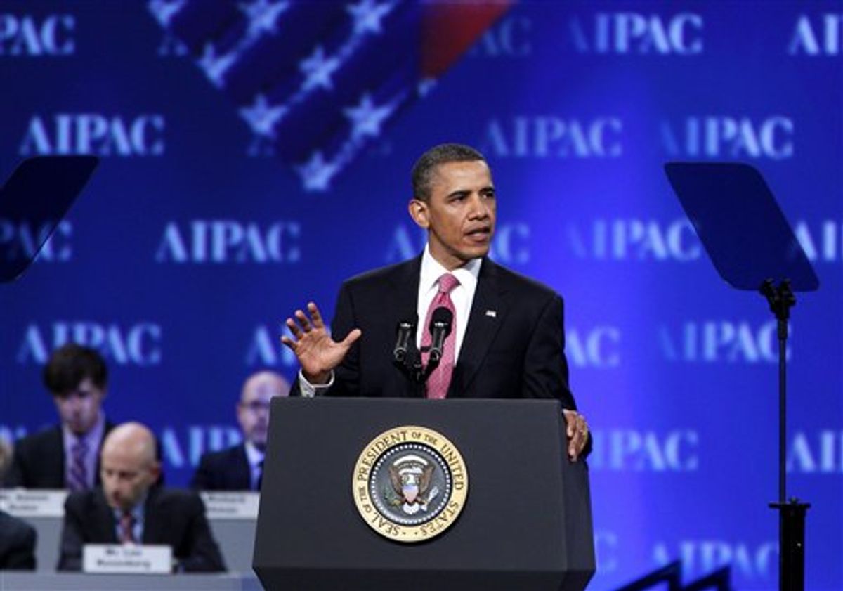 President Barack Obama speaks at the American Israel Public Affairs Committee (AIPAC) convention in Washington Sunday, May 22, 2011. Obama said the bonds between the U.S. and Israel are unbreakable. (AP Photo/Jose Luis Magana) (AP)