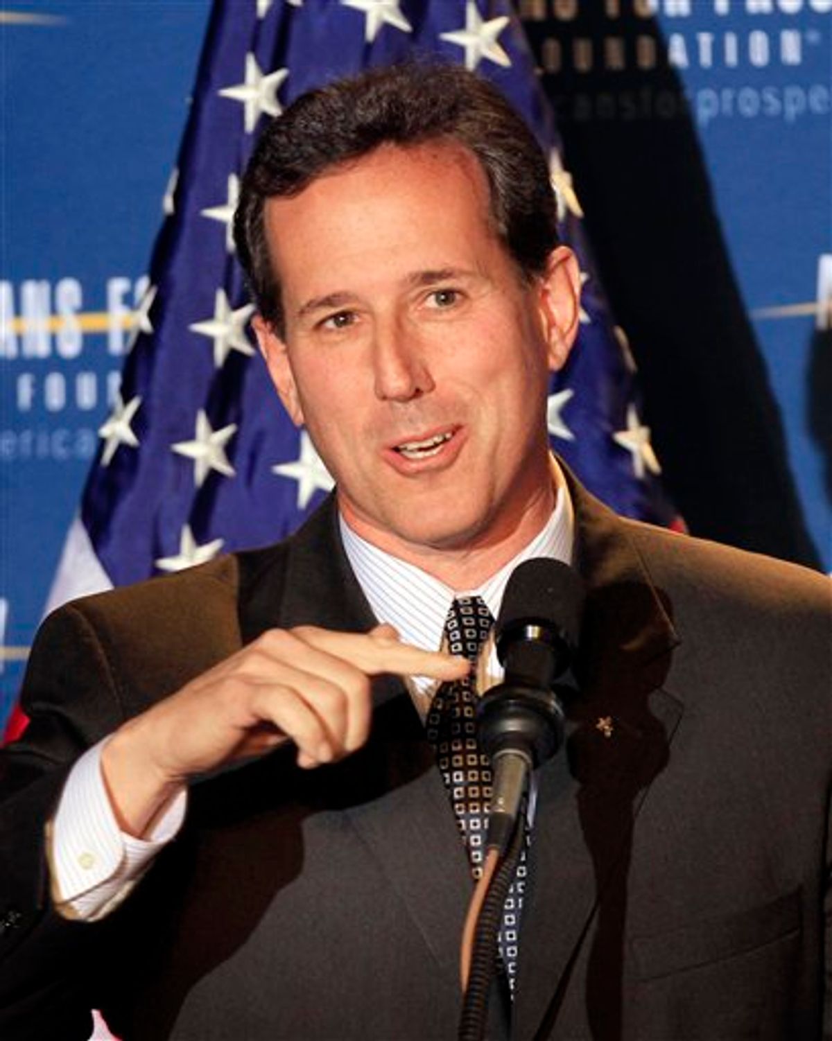 Possible 2012 presidential hopeful, former Republican U.S. Sen., Rick Santorum of Pennsylvania speaks during a dinner sponsored by Americans for Prosperity, Friday, April 29, 2011 in Manchester , N.H. (AP Photo/Jim Cole) (AP)