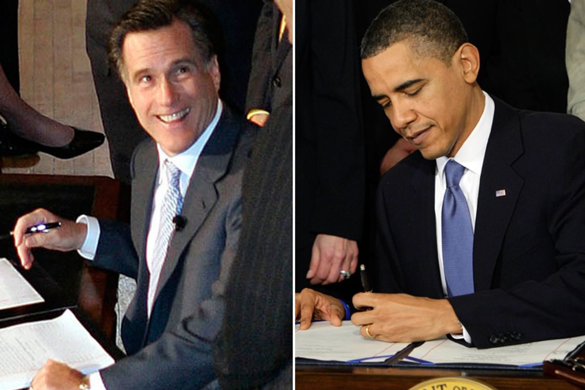 Mitt Romney and Barack Obama, signing healthcare bills.
