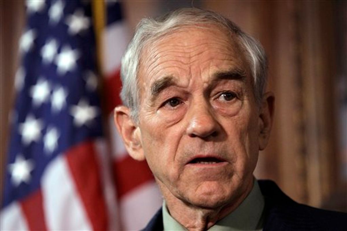 U.S. Rep. Ron Paul, R-Texas, speaks during a news conference Tuesday, April 26, 2011, in Des Moines, Iowa. Paul says he's forming a campaign exploratory committee as he moves closer to again seeking the Republican nomination for president. (AP Photo/Charlie Neibergall) (AP)