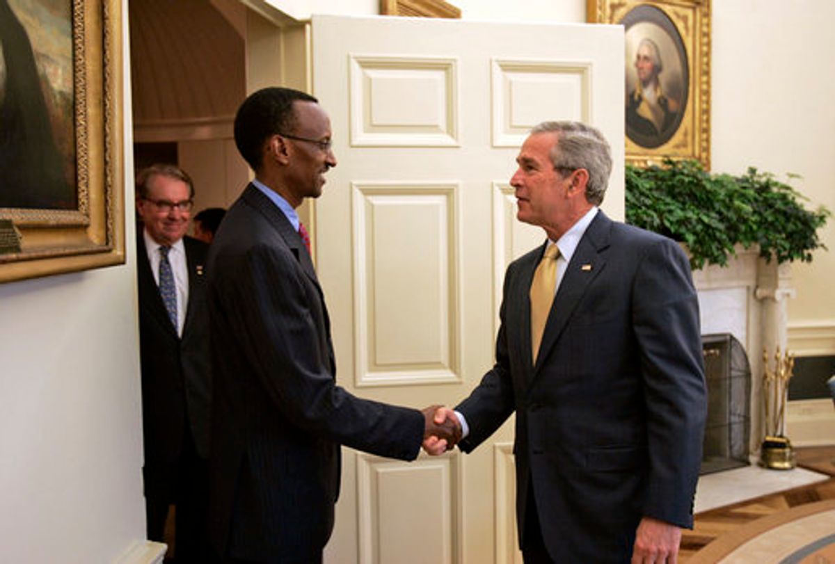 President Paul Kagame of Rwanda with President George W. Bush in the Oval Office Wednesday, May 31, 2006. (Paul Morse)