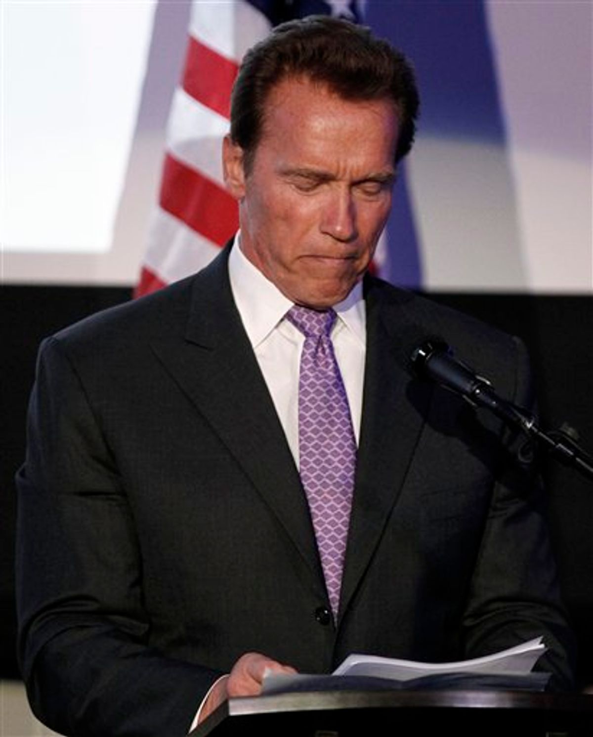 Arnold Schwarzenegger speaks at the Israel 63rd Independence Day Celebration hosted by the Consulate General of Israel in Los Angeles, Tuesday, May 10, 2011. Schwarzenegger was honored at the event. (AP Photo/Matt Sayles) (AP)