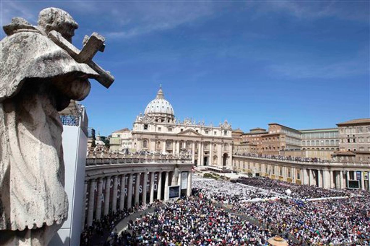 Faithful crowd St. Peter's Square at the Vatican, Sunday, May 1, 2011. Pope Benedict XVI beatified Pope John Paul II before more than a million faithful in St. Peter's Square and surrounding streets Sunday, moving the beloved former pontiff one step closer to possible sainthood. (AP Photo/Pier Paolo Cito)    (AP)