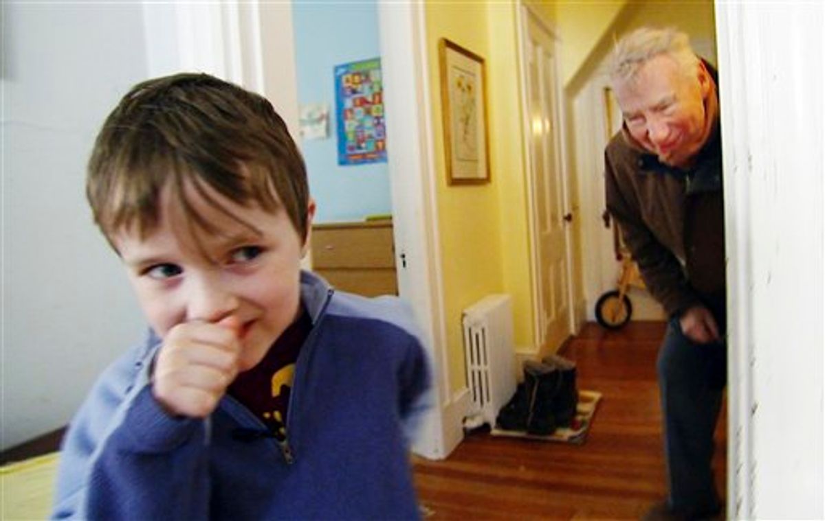 In this January 2011 still photo taken from video, PBS newsman Robert MacNeil, right, interacts with Nick, his 6-year-old grandson, at Nick's family's home in Cambridge, Mass.  After a decade off the air, MacNeil returns  Monday, April 18, 2011, with a six-part series he reported on autism, inspired by Nick, who is featured in the series. (AP Photo/PBS NewsHour)   (AP)