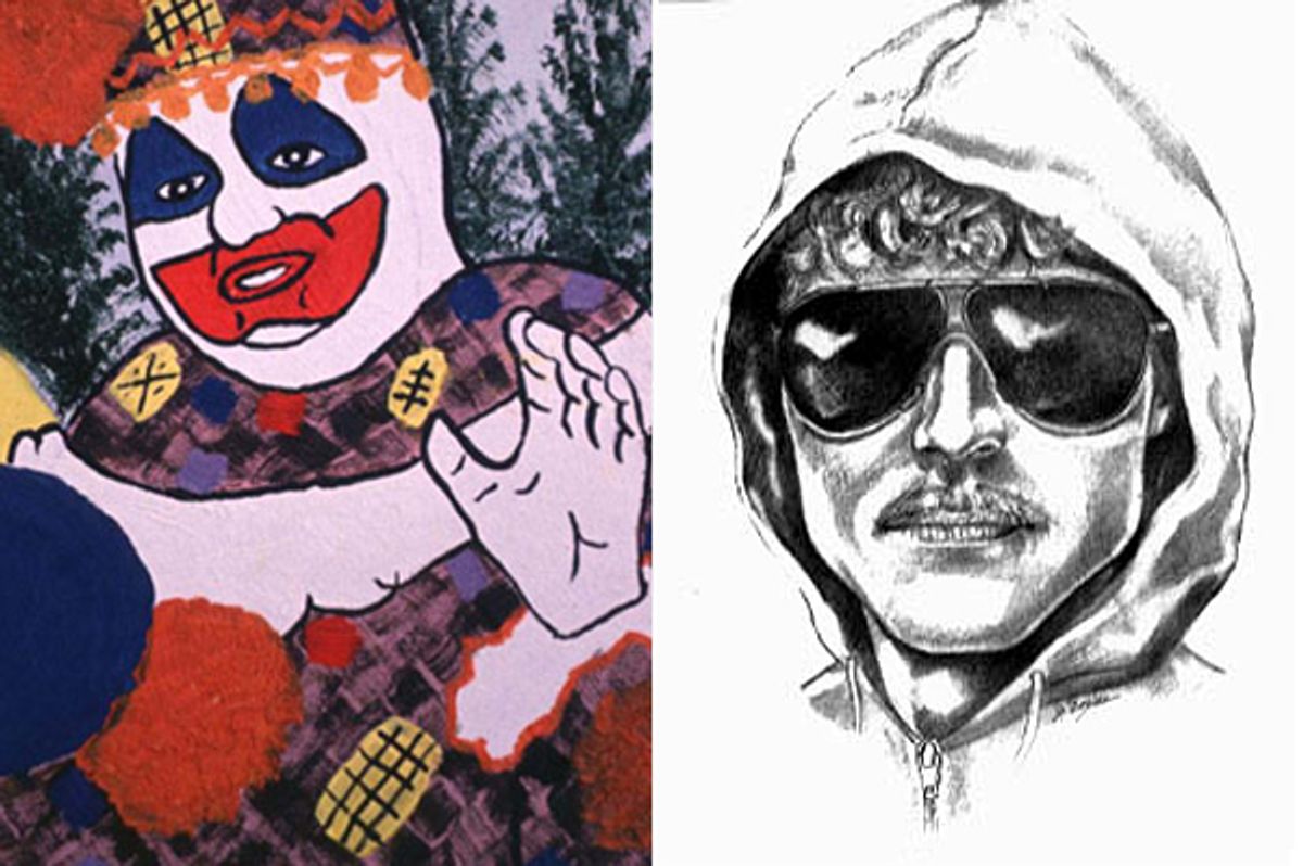 A painting by John Wayne Gacy (left) being auctioned off, and a sketch of the Unabomber, Ted Kaczynski.