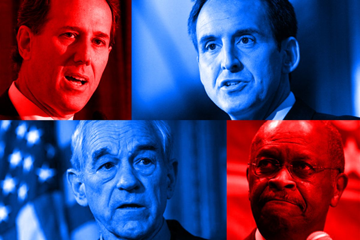 Clockwise from upper left: Rick Santorum, Tim Pawlenty, Herman Cain and Ron Paul