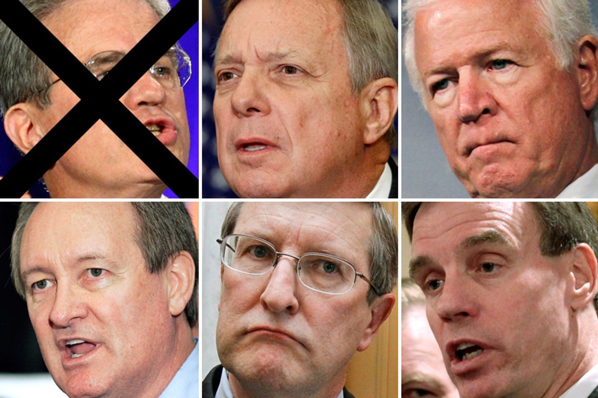 The six-member bipartisan group of U.S. senators, referred to as the Gang of Six. Clockwise from top left, Sen. Tom Coburn, R-Okla., Sen. Dick Durbin, D-Ill., Sen. Saxby Chambliss, R-Ga., Sen. Mark Warner, D-Va., Sen. Kent Conrad, D-N.D., and Sen. Mike Crapo, R-Idaho.