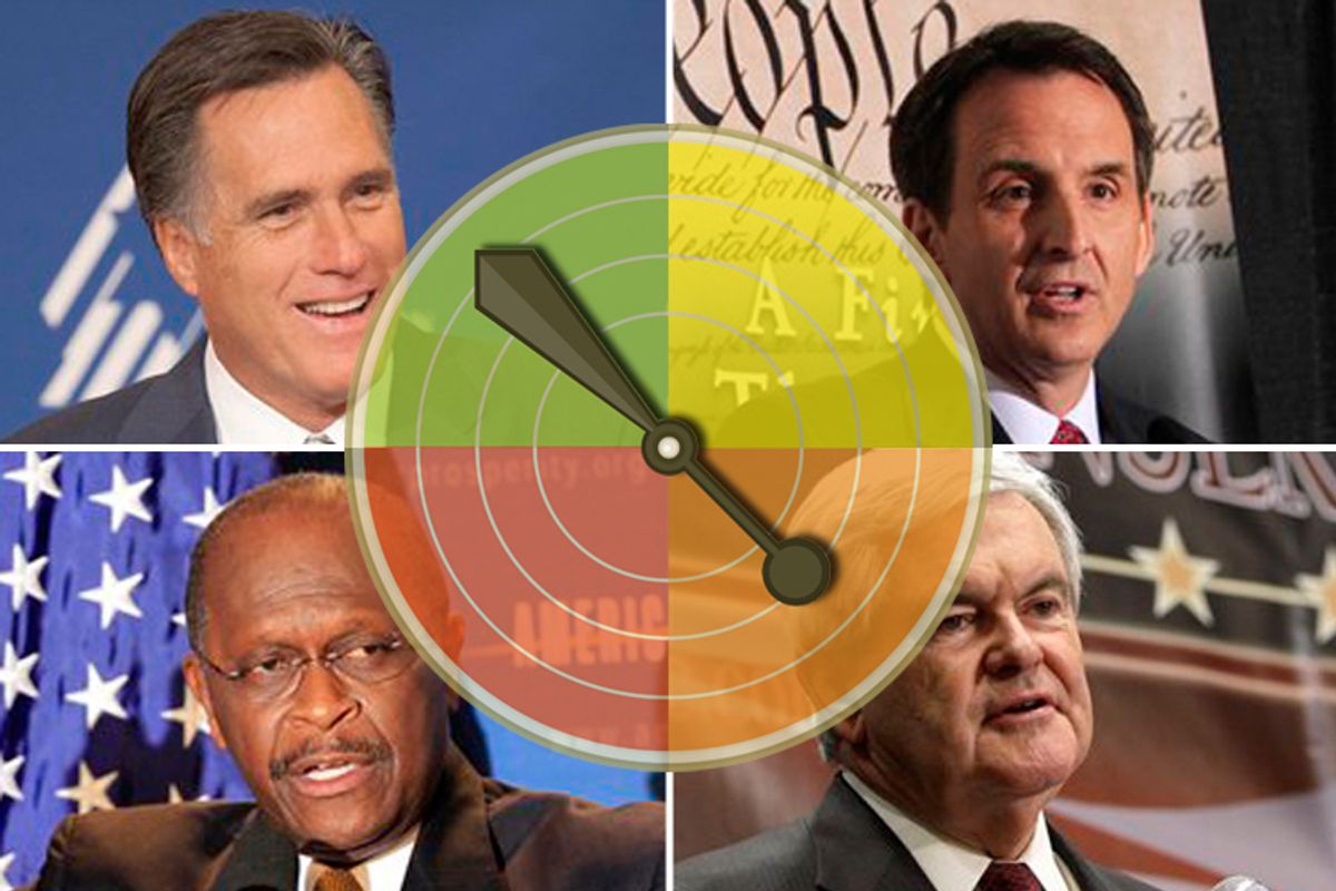 Clockwise from upper left: Mitt Romney, Tim Pawlenty, Newt Gingrich and Herman Cain
