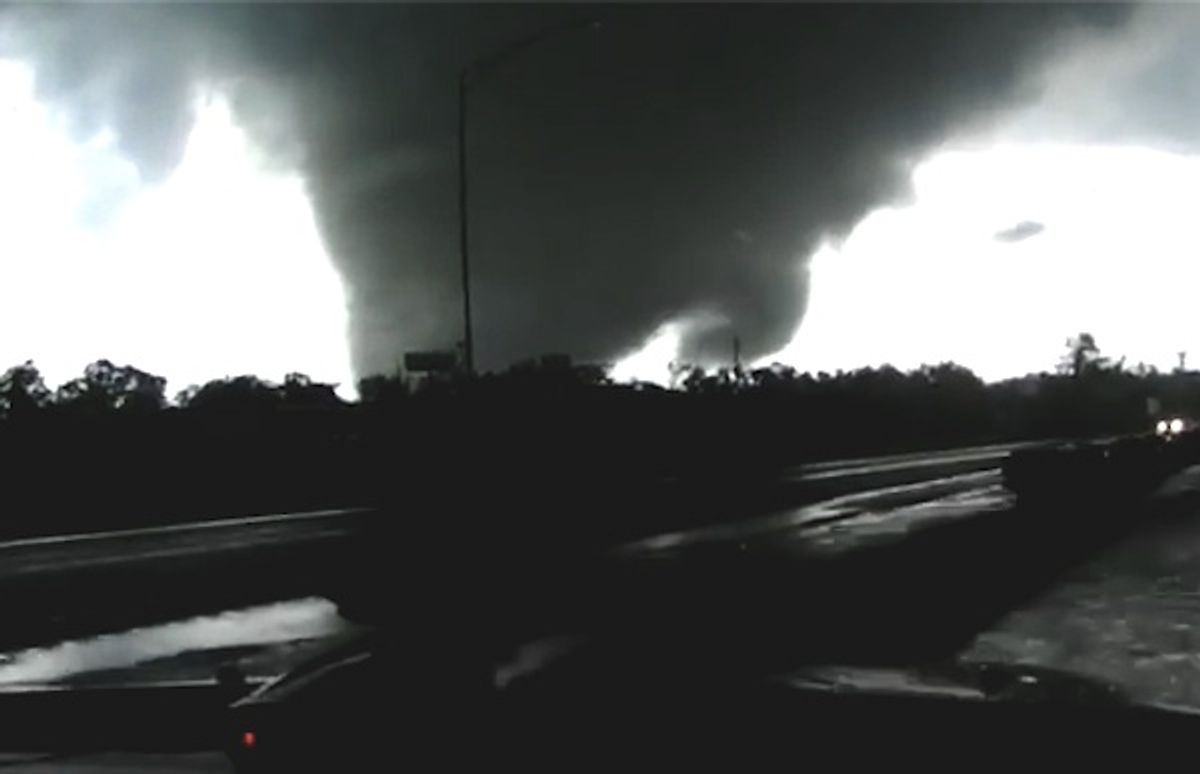 Two f5 tornadoes strike a highway in Alabama.  