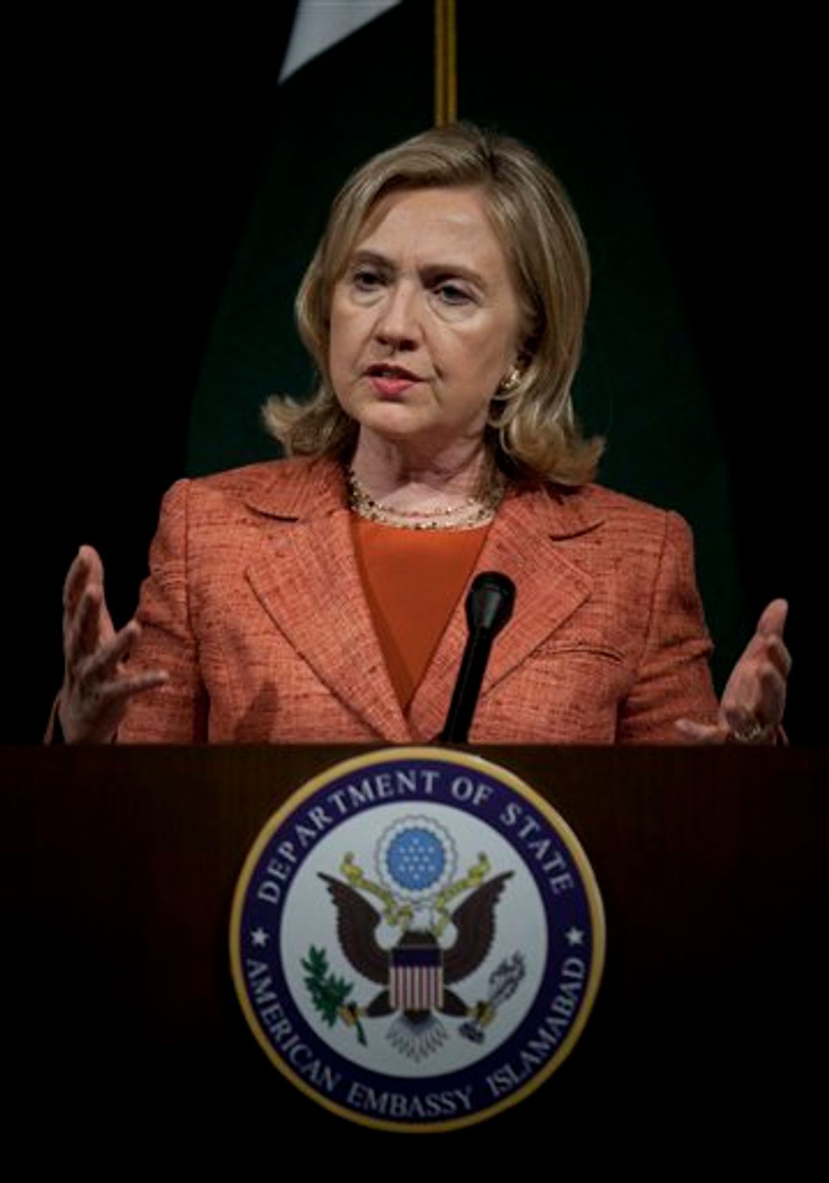 U.S. Secretary of State Hillary Rodham Clinton addresses a news conference at U. S. embassy in Islamabad, Pakistan Friday, May 27, 2011. Clinton said that relations between the United States and Pakistan had reached a turning point after the killing of Osama bin Laden and Islamabad must make "decisive steps" in the days ahead to fight terrorism. (AP Photo/B.K.Bangash) (AP)