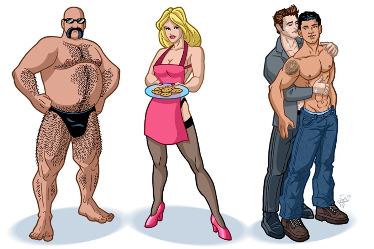 Artist renderings of some of the most popular sexual archetypes: A "bear," a "MILF" and "Twilight's" Edward and Jacob in slash fan fiction