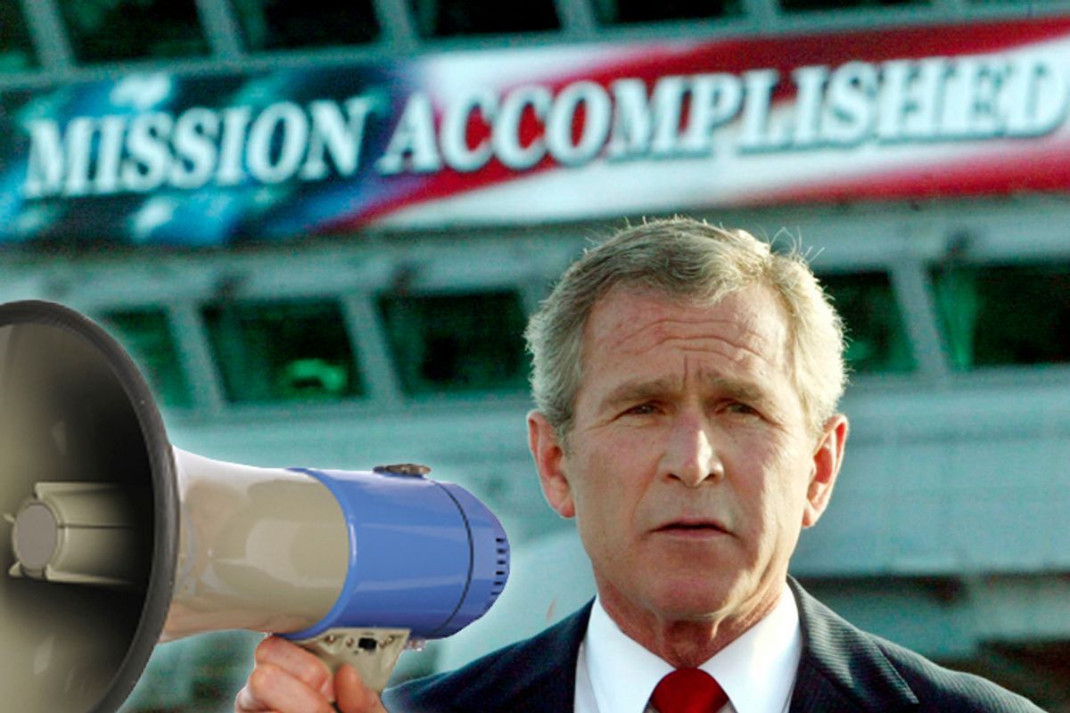 The White House said on October 29, 2003 that it had helped with the
production of a "Mission Accomplished" banner as a backdrop for
President George W. Bush's speech onboard the USS Abraham Lincoln to
declare combat operations over in Iraq. This file photo shows Bush
delivering a speech to crew aboard the aircraft carrier USS Abraham
Lincoln, as the carrier steamed toward San Diego, California on May 1,
2003. REUTERS/Larry Downing/FILE

KL/GN/GAC (Â© Larry Downing / Reuters)