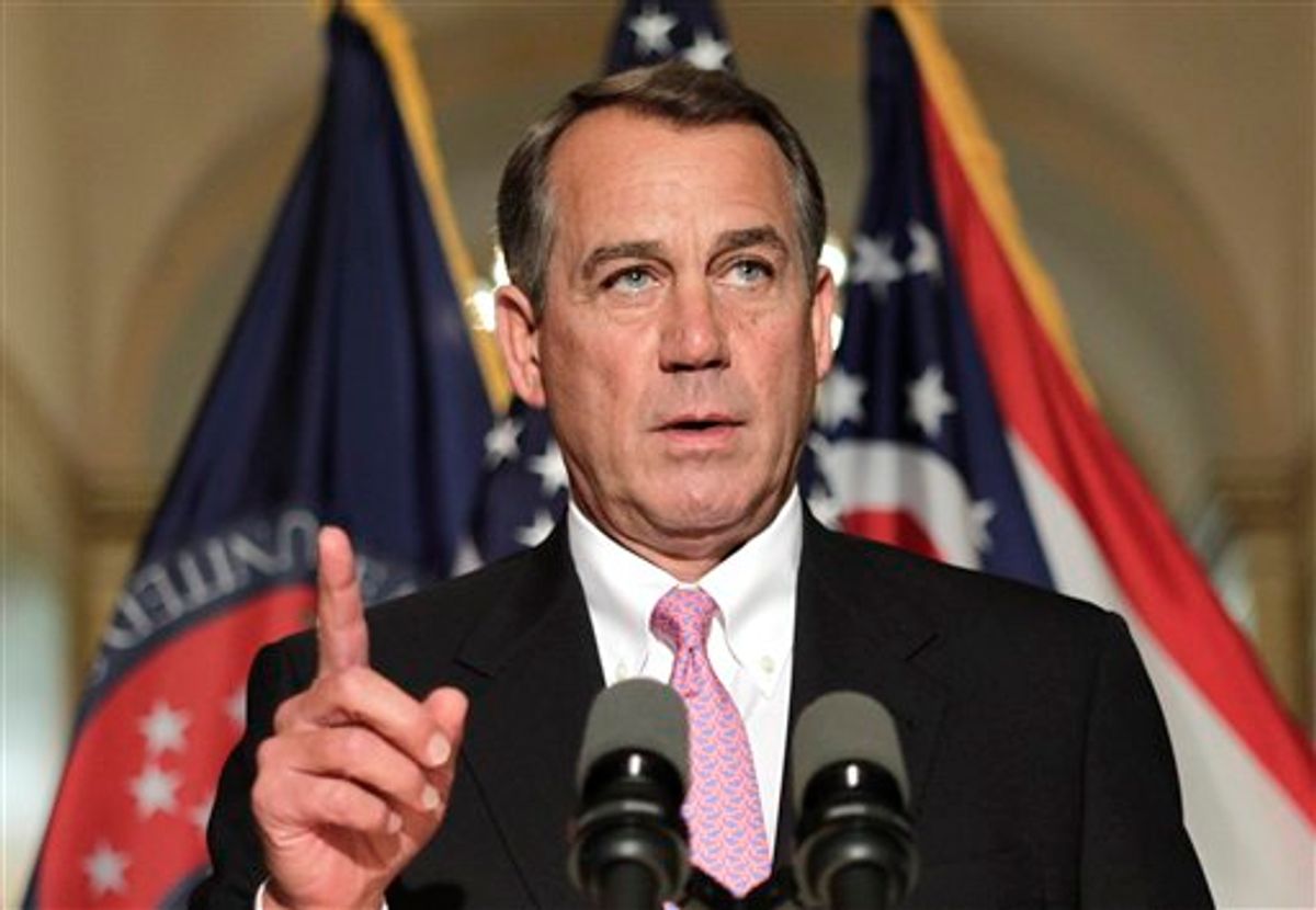 House Speaker John Boehner of Ohio gestures while speaking on Capitol Hill in Washington, Friday, April 8, 2011, to respond to criticism by Senate Majority Leader Harry Reid of Nev. on the budget impasse.  (AP Photo/J. Scott Applewhite) (AP)