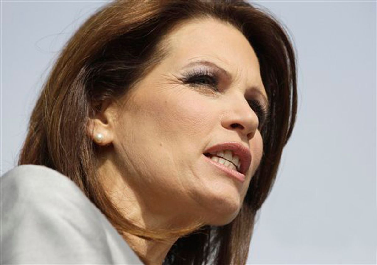 Rep. Michele Bachmann, R-Minn., makes her formal announcement to seek the 2012 Republican presidential nomination, Monday, June 27, 2011, in Waterloo, Iowa. Bachmann, who was born in Waterloo, will continue her announcement tour this week with stops in New Hampshire and South Carolina. (AP Photo/Charlie Riedel) (Charlie Riedel)