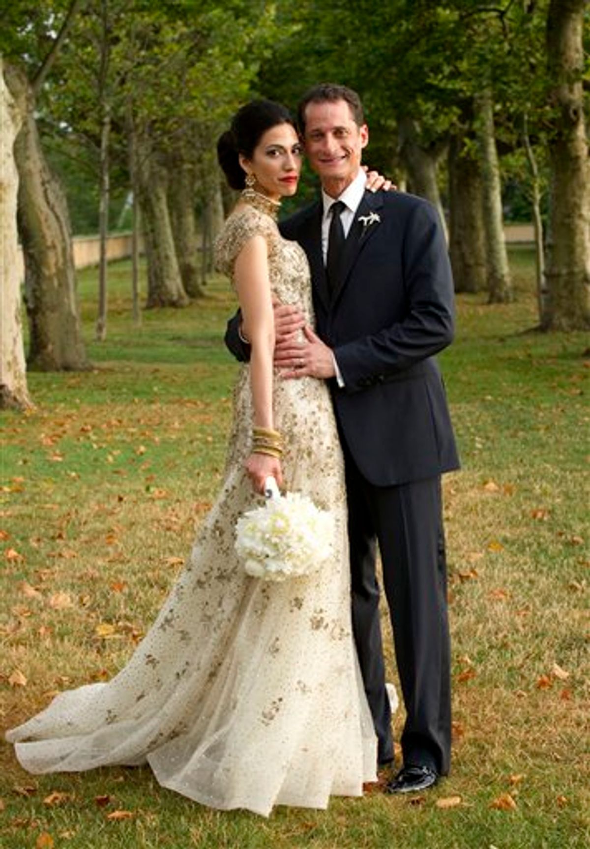 FILE - In this July 10, 2010, file photo provided by Marie Ternes, Rep. Anthony Weiner, D-N.Y., poses with his wife Huma Abedin, close aide to Secretary of State Hillary Rodham Clinton, for a formal wedding portrait at the Oheka Castle in Huntington, N.Y.  Weiner confessed Monday, June 6, 2011, that he tweeted a bulging-underpants photo of himself to a young woman and admitted to "inappropriate" exchanges with six women before and after getting married.     (AP Photo/Barbara Kinney, File) (AP)